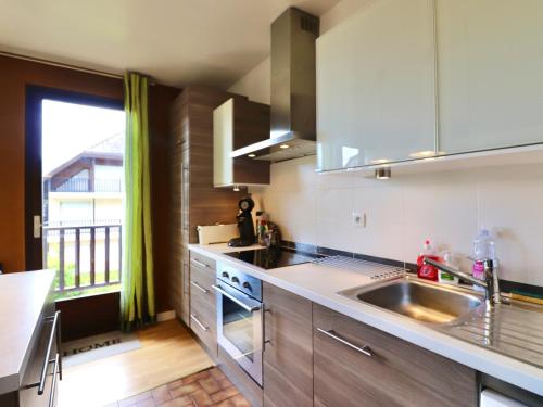 une cuisine avec un évier et une cuisinière four supérieur dans l'établissement Appartement 3* avec balcon, piscine et lac à proximité, activités diverses - FR-1-432-4, à Annecy