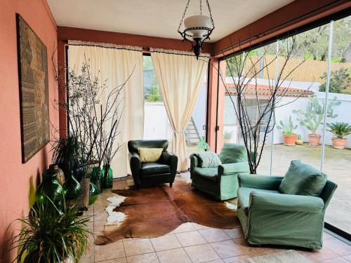 a living room with couches and chairs and windows at Gio Country House in Nicosia