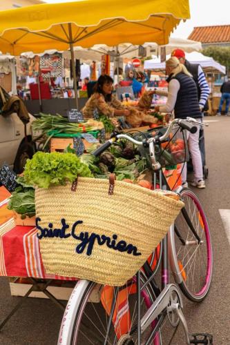 un vélo avec un panier garé sur un marché de producteurs dans l'établissement Charmant T2 climatisé au cœur de Saint Cyprien plage - 4MIR23, à Saint Cyprien Plage
