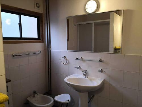 ein Badezimmer mit Waschbecken, Spiegel und Toilette in der Unterkunft Cabañas y Casas Hualles in Coñaripe