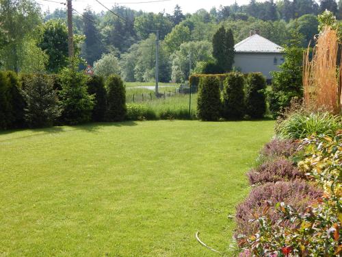 a yard with a green lawn and some bushes at Penzion V Hájku in Vřesina