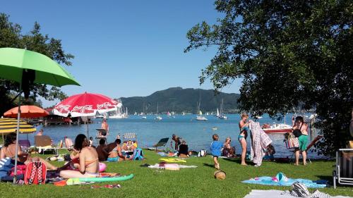 a group of people sitting on the grass at a beach at Ferienwohnung Seiringer in Attersee am Attersee