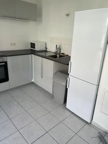 La cuisine blanche est équipée d'un évier et d'un réfrigérateur. dans l'établissement Résidence Saint-Denis, à Aubervilliers