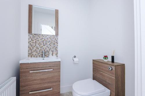 a bathroom with a toilet and a sink and a mirror at Hasting's House by YourStays - 3 Bedroom House in Stoke-on-Trent in Stoke on Trent