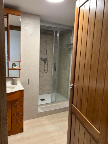 a bathroom with a shower and a glass door at La Bodeguita in Belmonte de Tajo