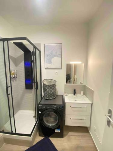 une petite salle de bain avec douche et toilettes dans l'établissement Cosy cottage by Alice Les bords de mer Turquoise, à La Ciotat