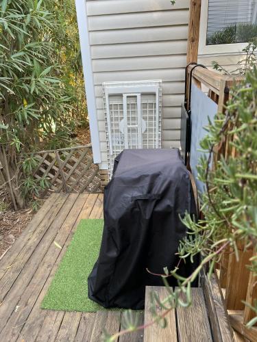 une tare noire assise sur une terrasse couverte avec un tapis vert dans l'établissement Camping Del Mar 264, Mobile Home Excellence, 3 chambres, 6 personnes, 2 Salles de Bain, bord de mer, à Argelès-sur-Mer