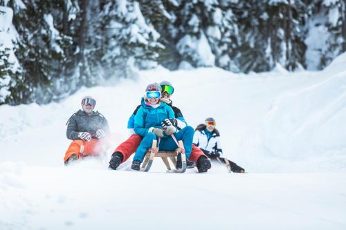 a group of people sitting in the snow on a sled at Natur & Familienhotel Der Stieglerhof in Radstadt