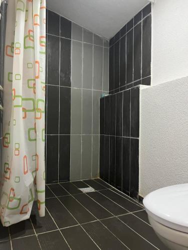 a bathroom with a toilet and a shower curtain at Solara in Bar