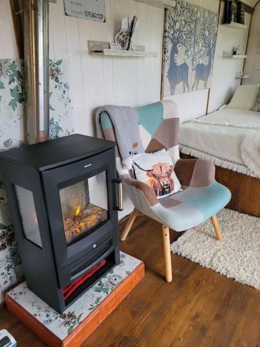 a living room with a fireplace and a chair and a bed at Domeček pohoda maringotka Máňa in Liberec
