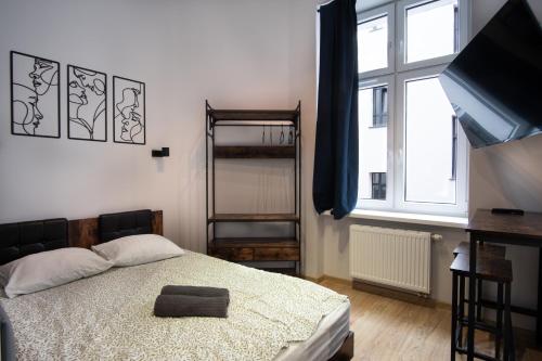 a bedroom with a bed and a television and a window at DREAM APARTMENTS - Wschodnia 34 in Łódź