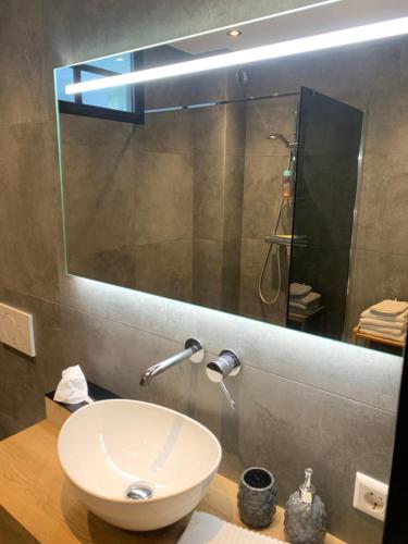 a bathroom with a sink and a large mirror at Alkmaar center apartment close to station in Alkmaar