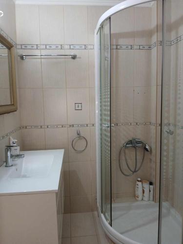 a bathroom with a shower and a sink at Victoria Mansion in Pinakokhórion