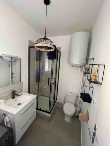 une salle de bain avec une douche, des toilettes et un lavabo dans l'établissement Cosy cottage by Alice Mer Sable Doré Parking, à La Ciotat