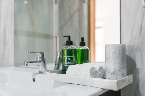 a bathroom sink with two bottles of soap and a mirror at Quinta de São Martinho Visconde do Penedo in Soengas