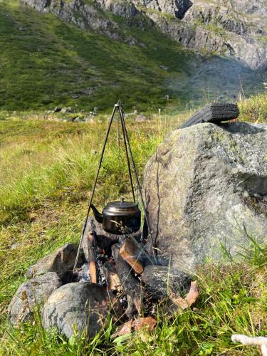 a pot sitting on top of a fire next to a rock at Bestefarhuset in Hakkstabben