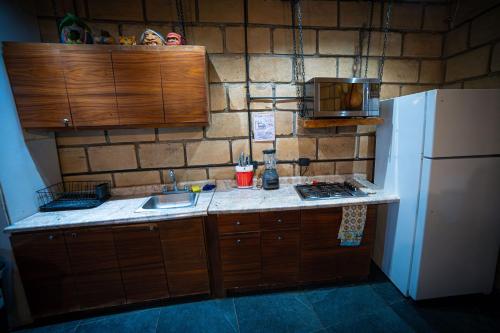 a kitchen with a white refrigerator and a counter top at Tierra Cielo y SoLuna - Cabaña Casona in Santiago
