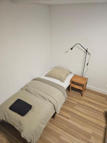 Ce lit se trouve dans un dortoir doté d'une lampe et de parquet. dans l'établissement chic Montmartre apartment, à Paris