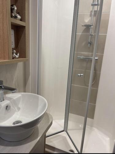 a bathroom with a glass shower and a sink at 14 morningside in Skegness