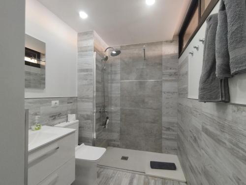 a bathroom with a shower with a toilet and a sink at Arenas 50, 100 mt d playa ingles in Playa del Ingles