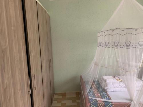 a bedroom with a bed with a mosquito net at House of Light in Arua