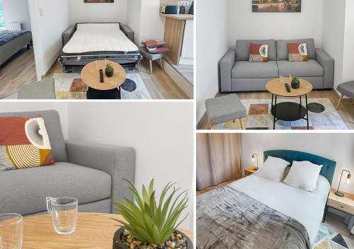 Quatre photos d'un salon avec un canapé et une table dans l'établissement Design élégant et Parking privé en Hyper Centre, à Blois