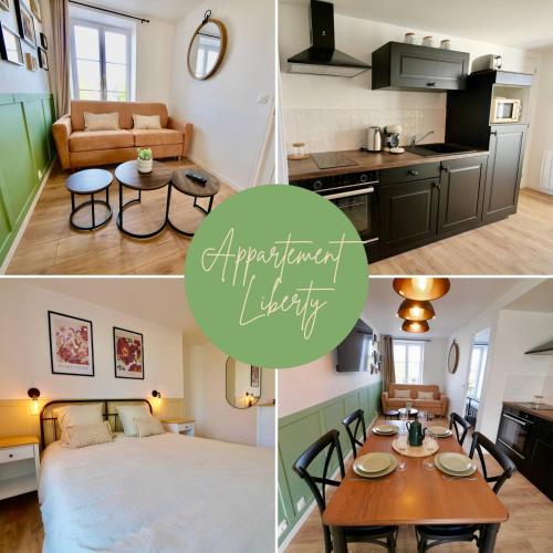 a collage of photos of a kitchen and a living room at D-Day Suites in Carentan