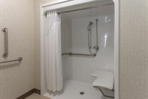 a bathroom with a shower with a shower curtain at Holiday Inn Express - Indianapolis - Southeast by IHG in Indianapolis