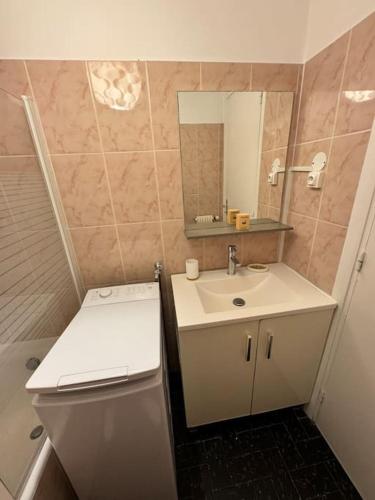 une petite salle de bain avec un lavabo et un miroir dans l'établissement Le Saint Charles, Studio 2 Prs, 300m plages, à Antibes