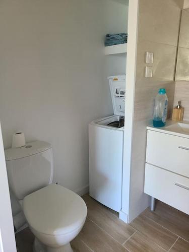 une salle de bain blanche avec des toilettes et un lavabo dans l'établissement Gîte familial proche Annecy et Genève, à Vovray-en-Bornes