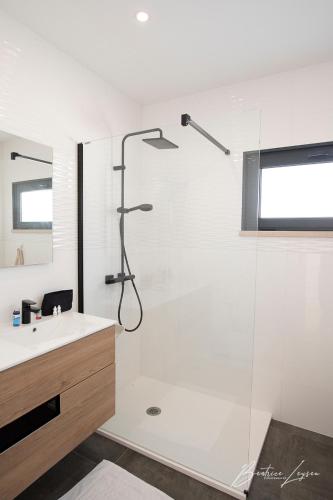 a bathroom with a shower and a sink at Casa Kiara Silvercoast in Nadadouro