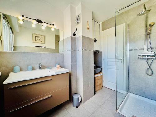 une salle de bain avec un lavabo et une douche dans l'établissement Le Pam'S, Apt de Standing pour 4 prs, Terrasse et Parking, à Antibes