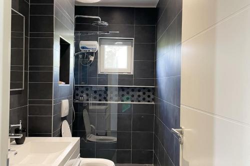 a bathroom with a sink and a toilet and a shower at Modern Appartement Noord Jan Thiel #2 in Willemstad
