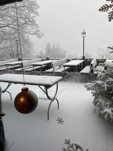 a row of benches covered in snow at Ferienwohnung Müsen, nah an der Natur in Hilchenbach