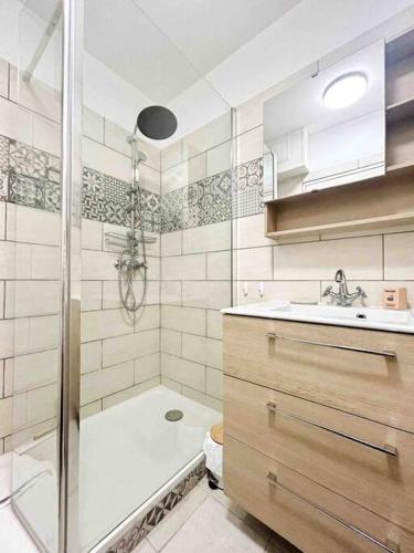une salle de bain avec une douche, des toilettes et un lavabo dans l'établissement Le Square Pauline, Apt 4 Prs, Jardin, 300m Mer, à Antibes