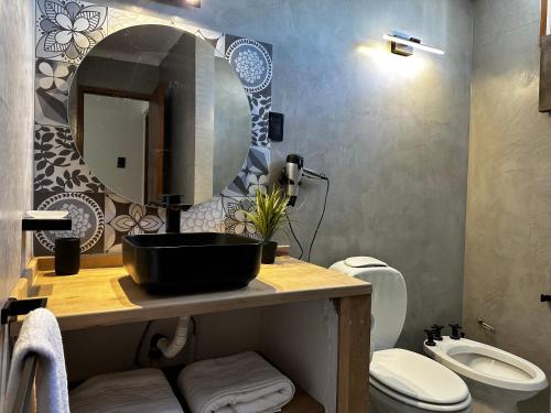 a bathroom with a sink and a toilet and a mirror at Rincón de Arístides in Mendoza
