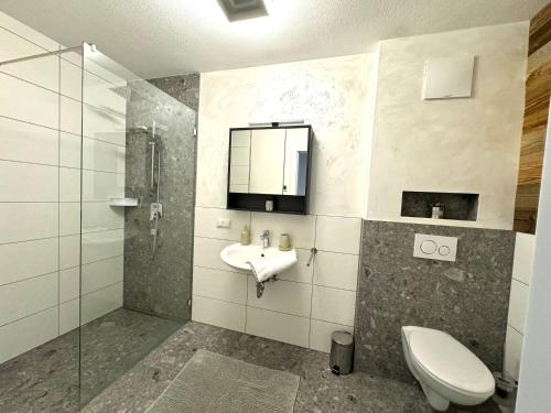 a bathroom with a sink and a toilet and a mirror at Alpin Apartments in Radstadt