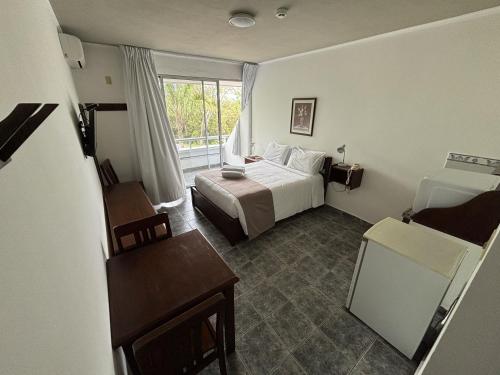 um quarto de hotel com uma cama, uma mesa e uma janela em Aguasol Hotel Termal em Termas del Daymán