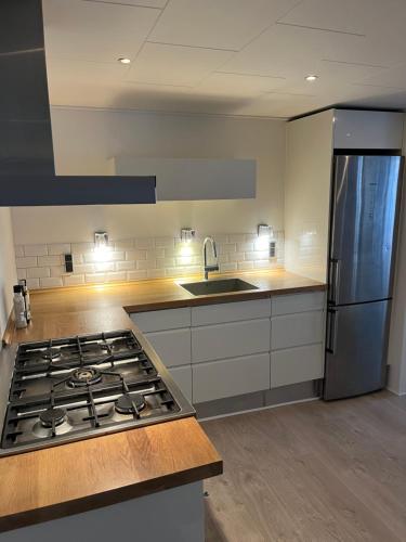 a kitchen with a stove top and a sink at Niollo Hotel & Apartments in Aabenraa