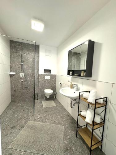 a bathroom with a shower and a sink and a toilet at Alpin Apartments in Radstadt