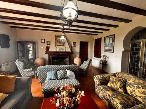 a living room with a couch and chairs and a fireplace at Torre Calera in Arganda del Rey