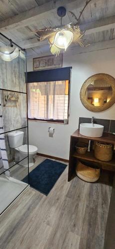 a bathroom with a toilet and a sink and a mirror at MOOREA - Tropical Cottage in Hauru