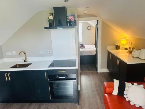 a kitchen with a sink and a stove top oven at BallyweelyLodgeMourneMountainsHilltown in Hilltown