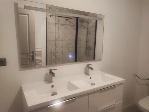 une salle de bain avec un lavabo blanc et un miroir dans l'établissement maison individuelle, à Villenave-dʼOrnon