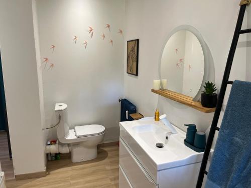 a bathroom with a sink and a toilet and a mirror at Valberg 3 pièces au pied des pistes in Péone