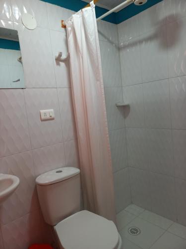 a bathroom with a white toilet and a shower at MariaAuxiliadora in Monguí