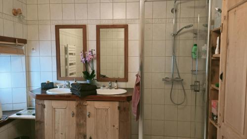 a bathroom with two sinks and a shower at La Grand'Raie Table d'hôtes in Les Gras