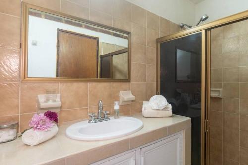 Un baño con lavabo, espejo y ducha. en Casa ArtWalk, en Puerto Vallarta