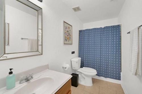 a bathroom with a sink and a toilet and a mirror at Spacious Modern Retreat and Spa in Tomball