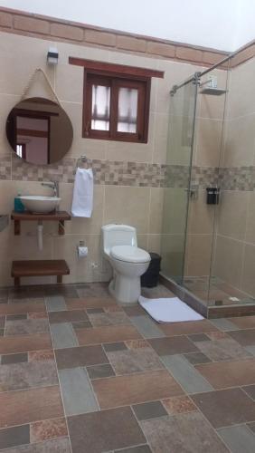 a bathroom with a toilet and a shower and a sink at Hotel Santa Barbara Sachica in Villa de Leyva